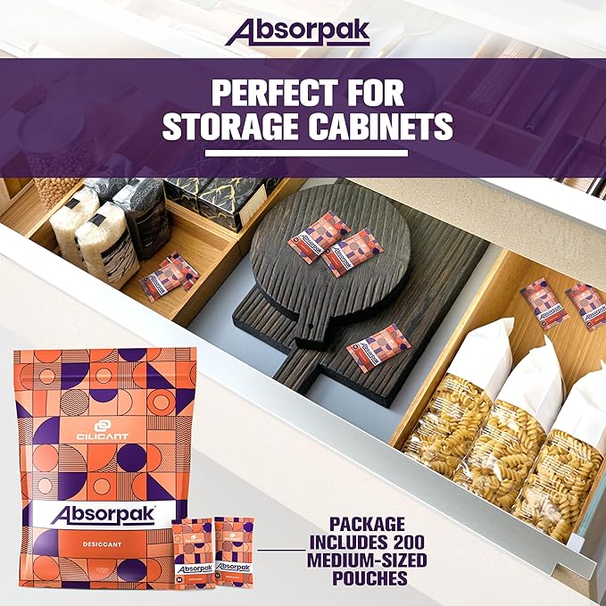 Absorpak Desiccant Packs for Storage - Silica Gel Packets Moisture Control - 200 pcs Medium(5g each) - Silica Packets for Shoes, Clothes, Electronics, Moisture Absorbers for Food Pantries & Households