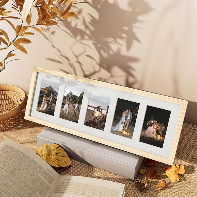 Vittanly 8x24 Collage Picture Frame, Displays 5Pcs 4x6 Pictures with Mat or 1Pcs 8x24 without Mat, Picture Frames Collage Wall Decor for Horizontal or Vertical Display, Nature Wood, 1 Pack