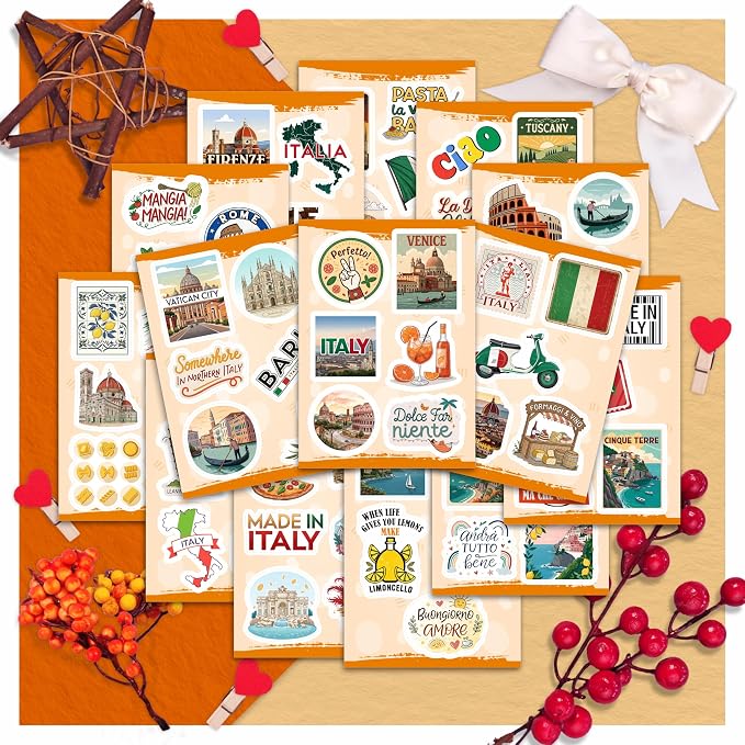 100Pcs Italy Stickers for Scrapbooking, for Luggage, for Water Bottle - Italian Stickers and Decals - Italy Party F avors - Gift for Women & Men