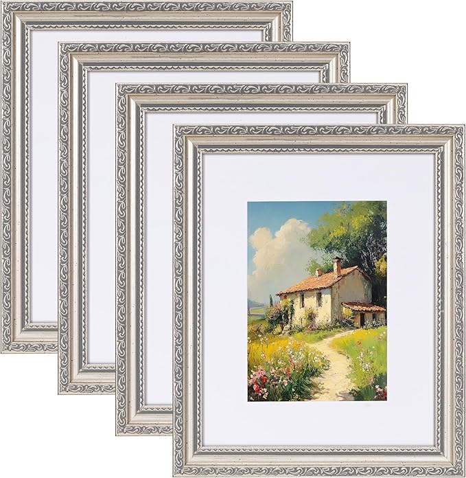 eletecpro 8x10 Picture Frames Set of 4, Vintage Photo Frame with Glass, Frames 8 x 10 Display 5x7 Photo with Mat or 8x10 without Mat for Tabletop or Wall Decor, Silver Beige