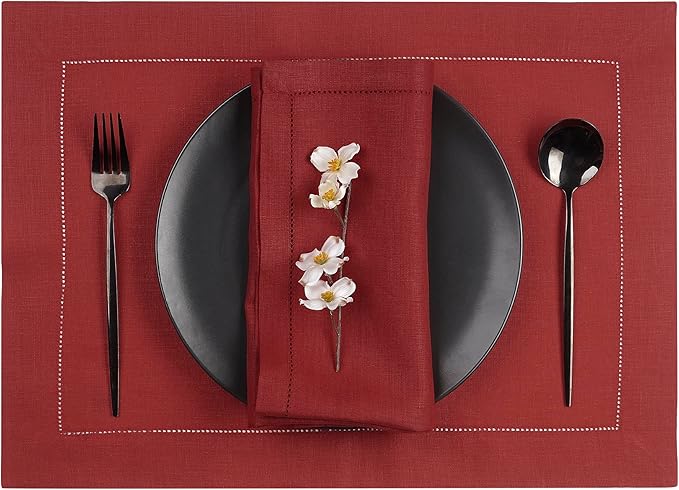 D'Moksha Homes Red Linen Placemats Set of 6 - Classic Hemstitch Placemats 14 x 19 Inch - 100% Pure Linen Table Mats for Fall, Thanksgiving, Christmas, Holiday - Handcrafted and Machine Washable