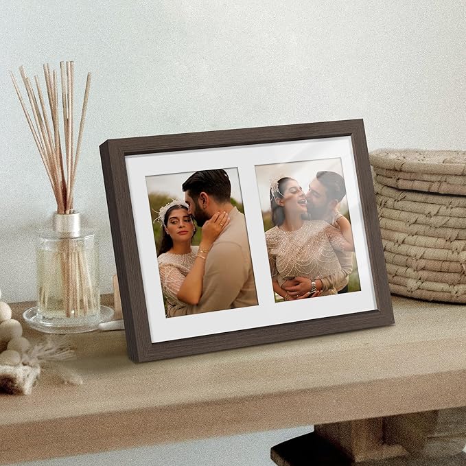 8x10 Double Picture Frame For Displaying Double 4x6 Picture Frame for Wall Mounting or Tabletop, Walnut.