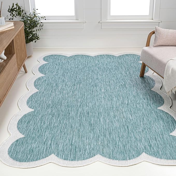 JONATHAN Y Cottage Two-Tone Scalloped Indoor Outdoor Area Rug 8X10 Turquoise/Cream, Alice Classic for Backyard, Patio, Porch, Easy-Cleaning, High Traffic, Pet-Friendly, Non-Shedding (SHP103D-8)