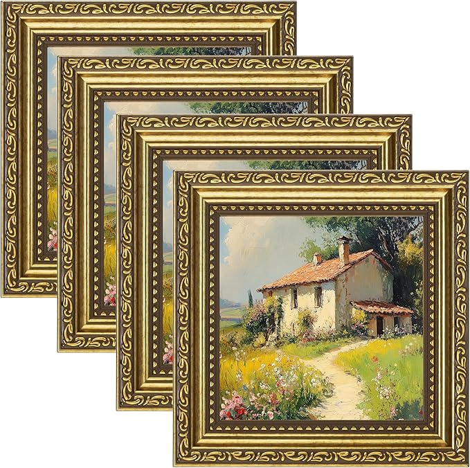 eletecpro 5x5 Picture Frames Set of 4, Vintage Gold Photo Frames with Glass, Display 5x5 Photo for Tabletop or Wall Decor, Gold