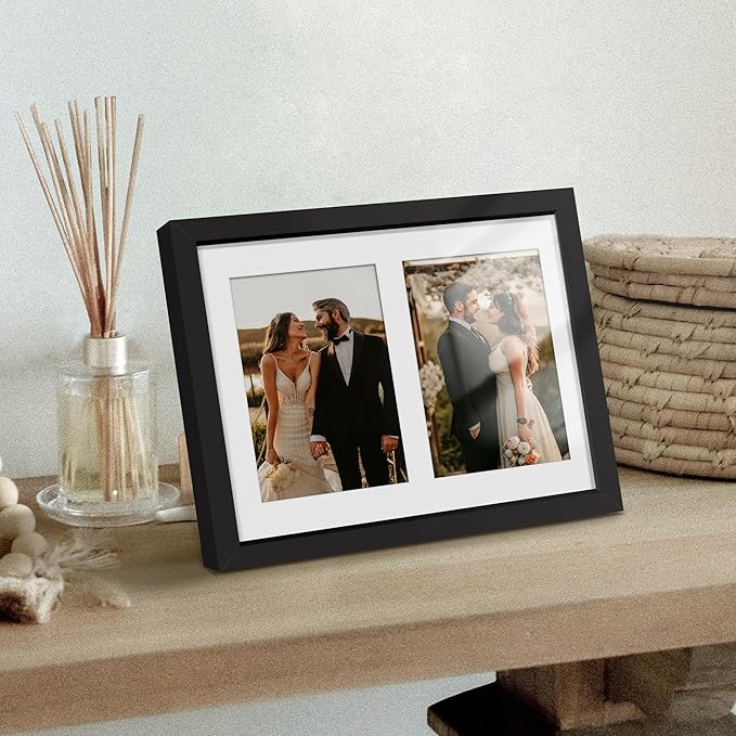 8x10 Double Picture Frame White Mat For Displaying Two 4x6 Pictures, Photo Frame for Wall Mounting or Tabletop, Black.
