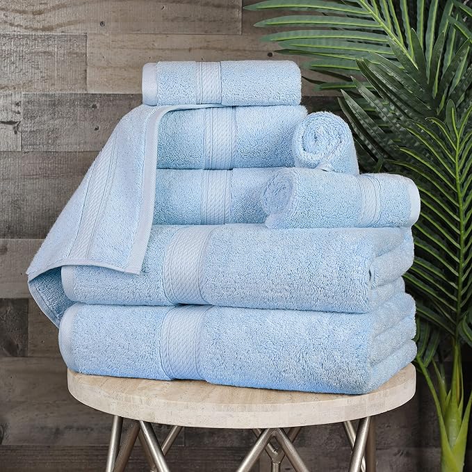 BLUENILEMILLS Madison Egyptian Cotton Towels, Towel Set for Bathroom, Shower, Hotel, Plush, 900 GSM, Highly Absorbent and Ultra-Soft Towels, Bath Essentials, 8 Piece Assorted Towel Set, Light Blue