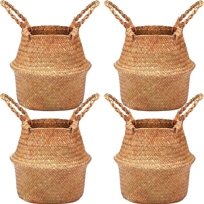 Qunclay 4 Pcs Woven Seagrass Baskets Belly Basket Folding Boho Natural Plant Pot with Handles Round Decorative Wicker Large Indoor Planter for Home Outdoor Tree Planters Decor (7.87 x 8.66 Inch)