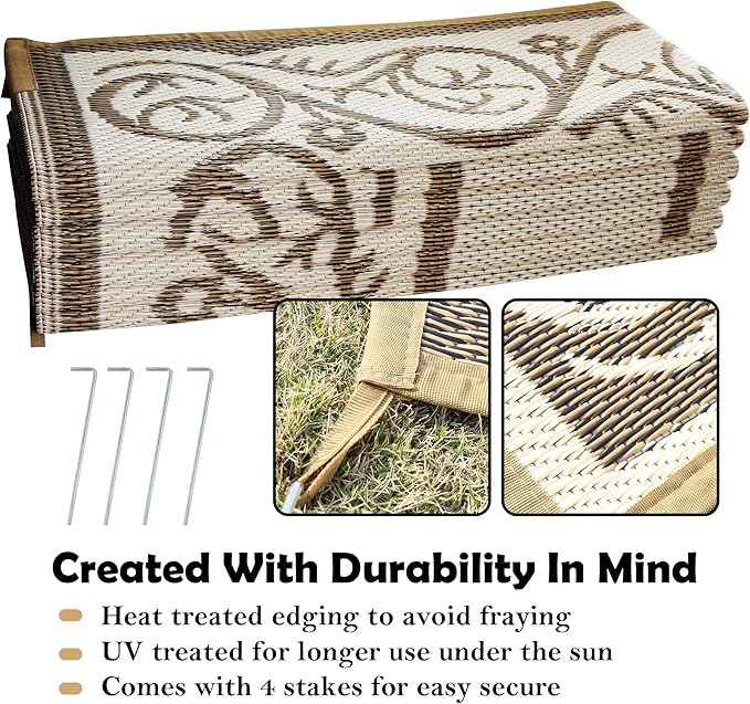 SAND MINE Reversible Mats, Plastic Straw Rug, Modern Area Rug, Large Floor Mat and Rug for Outdoors, RV, Patio, Backyard, Deck, Picnic, Beach, Trailer, Camping (9' x 12', Brown & White)