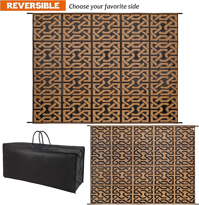 SAND MINE Reversible Mats, Plastic Straw Rug, Modern Area Rug, Large Floor Mat and Rug for Outdoors, RV, Patio, Backyard, Deck, Picnic, Beach, Camping, Trailer, Black & Brown, 9' x 12'