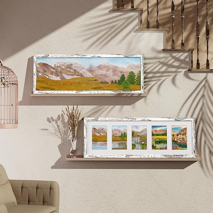 Vittanly 8x24 Collage Picture Frame, Displays 5Pcs 4x6 Pictures with Mat or 1Pcs 8x24 without Mat, Picture Frames Collage Wall Decor for Horizontal or Vertical Display, Distressed White, 1 Pack