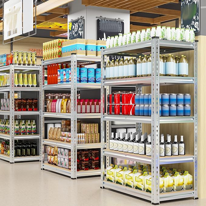REIBII Garage Shelving, 5 Tier Storage Shelves Load 2400LBS, Adjustable Garage Shelving Heavy Duty, Metal Shelving Unit with Waterproof Columns, 35.5" W x 11.9" D x 72" H, Galvanized, 4 Pack