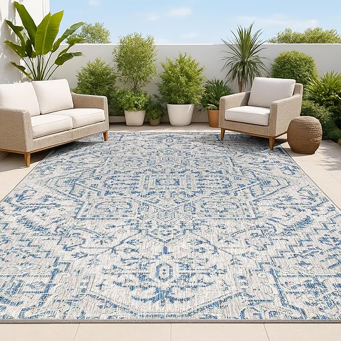 JONATHAN Y Boho Medallion Indoor Outdoor Area Rug 5X8 Navy/Gray, Estrella Textured Weave for Backyard, Patio, Porch, Easy-Cleaning, High Traffic, Pet-Friendly, Non-Shedding (SMB105B-5)