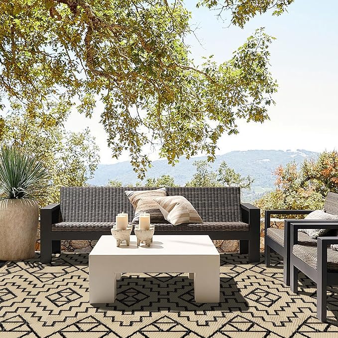SAND MINE Reversible Mats, Plastic Straw Rug, Modern Area Rug, Large Floor Mat and Rug for Outdoors, RV, Patio, Backyard, Deck, Picnic, Beach, Trailer, Camping (9' x 18', Black & Beige)