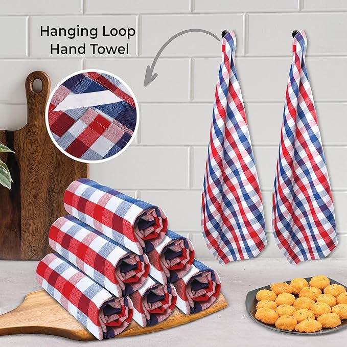 Urban Villa July 4th KitchenTowels Red/Blue/White DishTowels 100% Cotton (Set of 6) 20X30 Inches Buffalo Checks Highly Absorbent Soft Durable Reusable & Washable Kitchen Towels