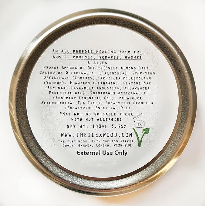 The Ilex Wood - Vegan Herbal Healing Salve Boo Boo Balm - For skin irritation, scrapes, bites and stings, palm oil free, cruelty free, plastic free, handcrafted - 3.38 fl oz (100ml)