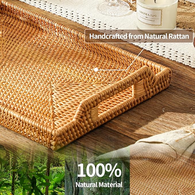 14.5'' Rattan Serving Tray Rectangle with Handles, Vintage Wicker Tray for Decor, Boho Seagrass Coffee Table Basket, Hand Woven Decorative Table Tray for Kitchen, Breakfast, Bathroom, Outdoor