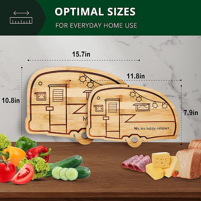 Camper Bamboo Cutting Board Set for RV Kitchen Accessories 2 Pieces, RV Wood Chopping Board Set with Juice Grooves, Hang Hole,for Meat Vegetables & Cheese,Camping Gifts RV Decor Camping Decorations