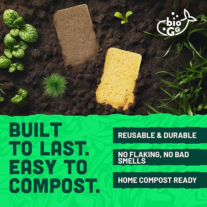 bioGo 12 Pack Natural Biodegradable Kitchen Sponges - Eco-Friendly, Compostable, Cellulose Dish - Compostable - Biodegradable - Cellulose Sponge