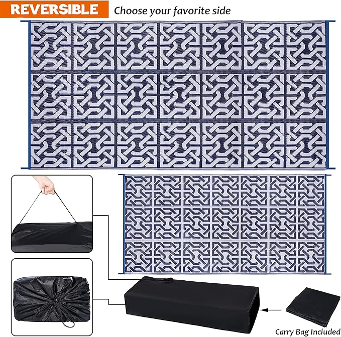 SAND MINE Reversible Mats, Plastic Straw Rug, Modern Area Rug, Large Floor Mat Rug for Outdoors, RV, Patio, Backyard, Deck, Picnic, Beach, Trailer, Camping, Dark Blue & White, 9' x 18'