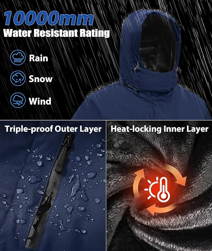 Mens Winter Snow Jacket Waterproof Ski Jackets Snowboard Rain Warm Coat Insulated Hood Fleece Lined