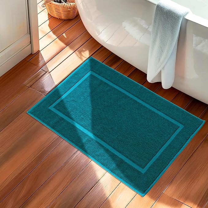 HILLFAIR-900 GSM-100% Ringspun Cotton Floor Towels mat- Hotel-Spa Tub-Shower Bathroom Floor mat Towels- 21 x 34 Inch - Terry Cotton Bath Mats, Machine Washable, Absorbent- 2 Peice Towel Set- Teal