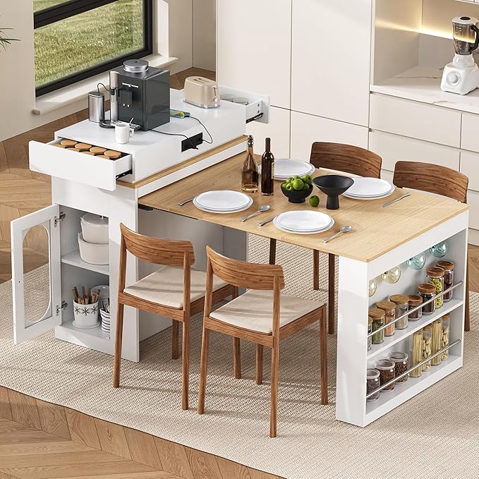 Amposei Kitchen Island with Extendable Dining Table & Power Outlet, 58’’ Breakfast Bar Coffee Station Sideboard Glass Door Storage Cabinet with Drawers, Creamy White & Natural