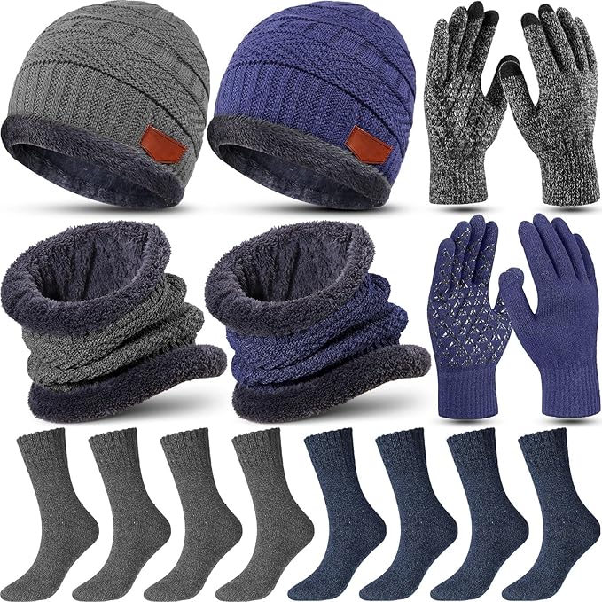 10 Pieces Winter Hat Beanie Scarf Touch Screen Gloves and Sock Set Slouchy Knit Skull Cap Beanies Fleece Lining Neck Warmer