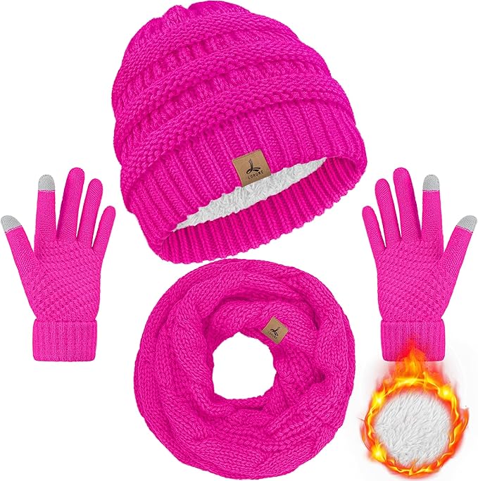 Winter Beanie Hat Scarf Gloves, Warm Fleece Knit Hats Touch Screen Gloves Neck Scarf Set Winter Gifts for Unisex Adult