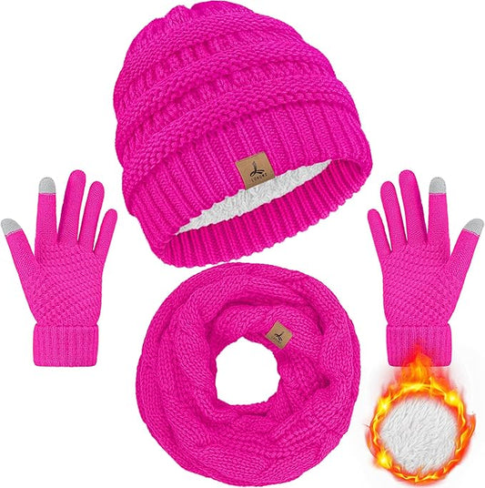 Winter Beanie Hat Scarf Gloves, Warm Fleece Knit Hats Touch Screen Gloves Neck Scarf Set Winter Gifts for Unisex Adult