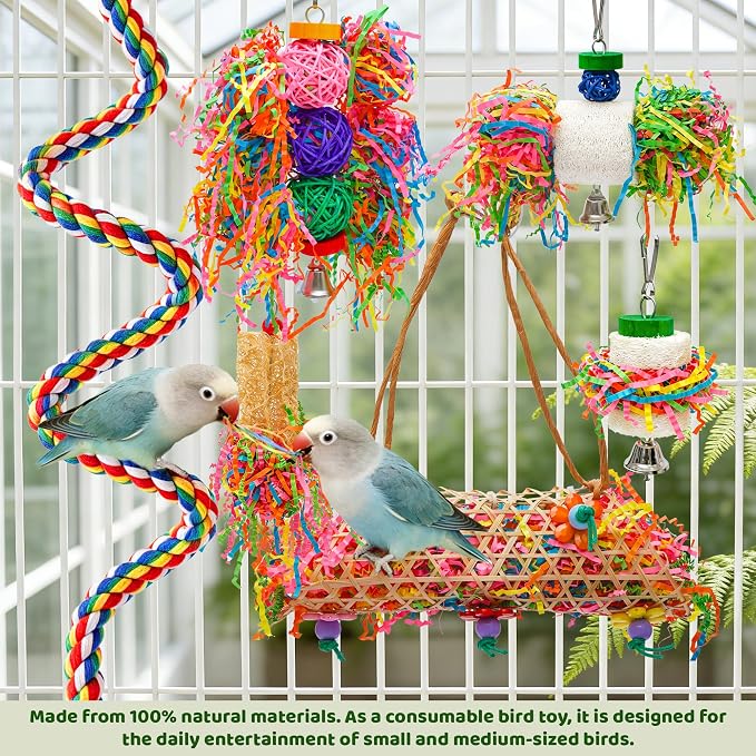6PCS Bird Parrot Foraging Toys with Rope Perch Parakeet Chewing Hanging Toy Shredded Paper Cage Accessories for Small Parrots Parakeets Conures Cockatiels Love Birds Cage Toy