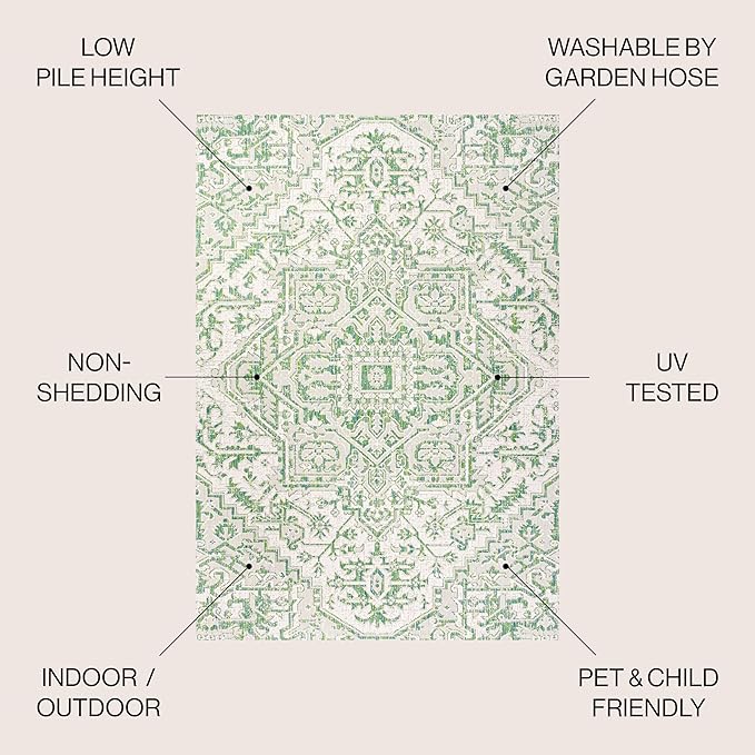 JONATHAN Y Boho Medallion Indoor Outdoor Square Area Rug 5X5 Green/Cream, Estrella Textured Weave for Backyard, Patio, Porch, Easy-Cleaning, High Traffic, Pet-Friendly, Non-Shedding (SMB105G-5SQ)