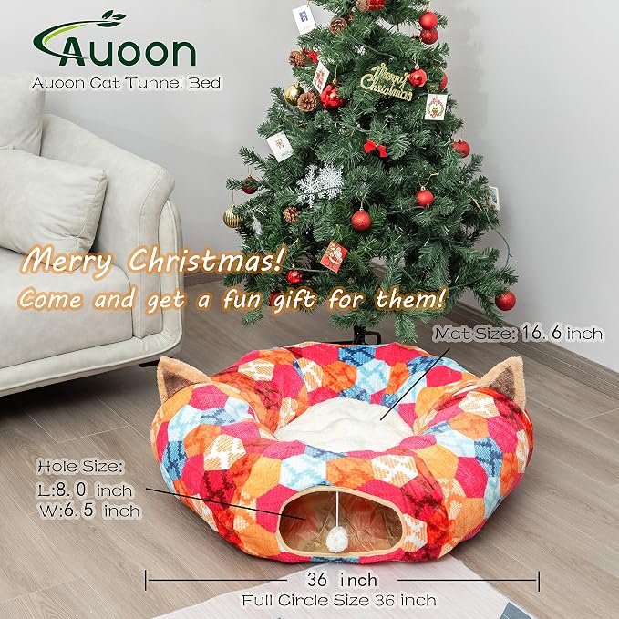 AUOON Cat Donut Tunnel with Bed for Kitten Puppy Rabbit Ferret, Orange | 2-in-1 Interactive Cat Toy, with Hanging Ball Toy, Machine Washable Center Pad, 36"L x 36"W x 10.7"H