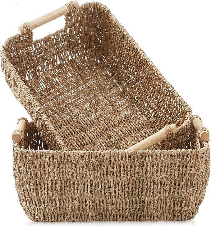 Casafield Set of 2 Seagrass Oval Storage Baskets with Wooden Handles - Medium, Woven Bin Organizers