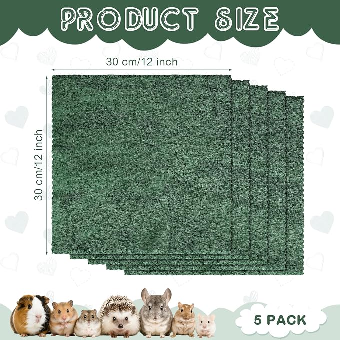 SmoothNovelty 5 Waterproof Guinea Pig Blankets, Dark Green, 12 x 12 Inch | Small Animal Cage Liner, Waterproof Pee Pad, Washable Coral Fleece Bedding Mat, for Guinea Pig Hamster Rabbit