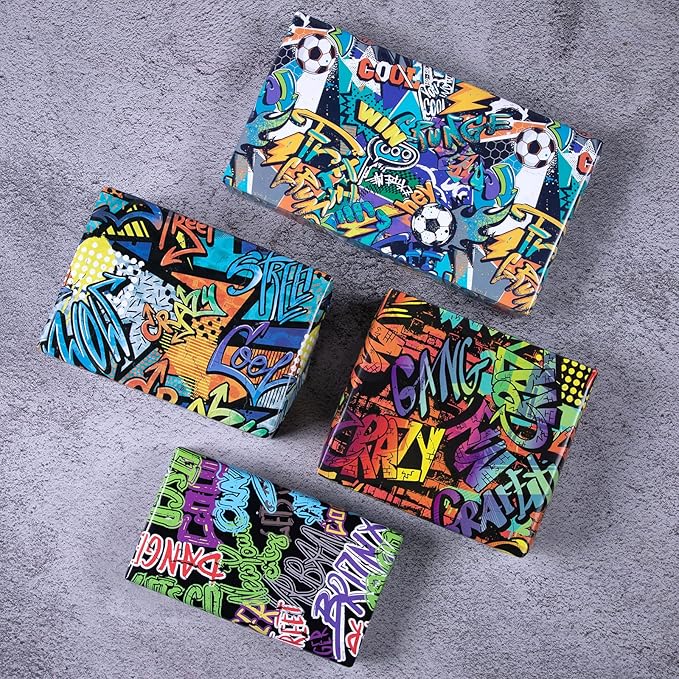 PlandRichW Graffiti Wrapping Paper Folded for Boys Girls Kids Adult Birthday 4 Styles of Sport with Lightning Basketball Football Crazy Graffiti Text, Pre-cut 12 Sheets Each 20" X 29"