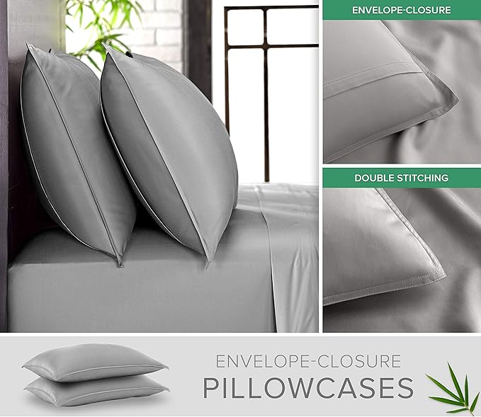 Split King Sheets by Pure Bamboo, Genuine 100% Organic Viscose Derived from Bamboo Bed Sheet Set, Soft & Cooling, Double Stitching *Not for Split Top (Split King, Stone Grey)