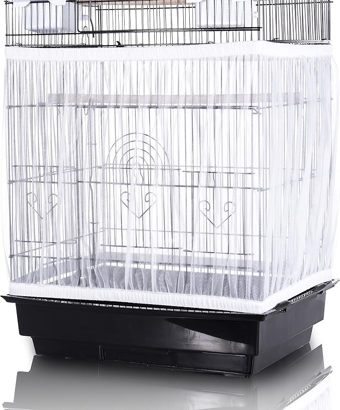 Tamu style Bird Cage Seed Catcher, Stretchy Mesh Skirt, 55-100 inch, White | Stretchy bird cage cover with nylon netting; breathable net catches seeds and feathers while allowing airflow and light.