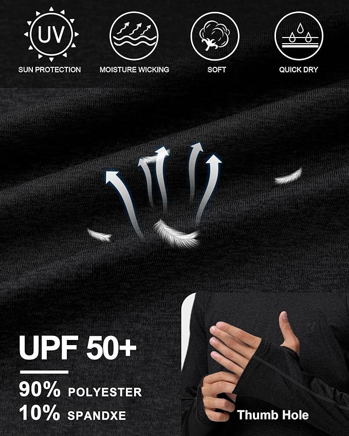 Roadbox Mens UPF 50+ Fishing Shirts, Long Sleeve UV Sun Hoodie, Hiking Running Swim Athletic Workout Shirt