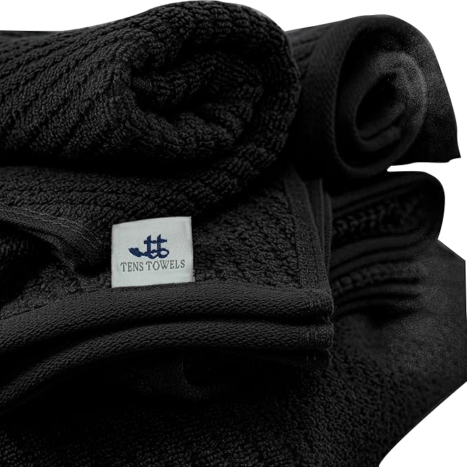Tens Towels Pack of 6 Zero Twist Towels Set, 2 Bath, 2 Hand, 2 Waschloths, 100% Cotton, Light Weight, Extra Absorbent, Exceptional Softness, Perfect for Bathroom (Black)
