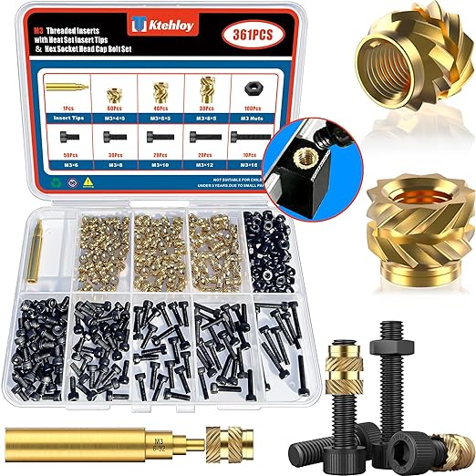 361Pcs M3 Threaded Inserts with Heat Set Insert Tips & Hex Socket Head Cap Bolt Set, Brass Heat Set Insert for Plastic and 3D Printing Components