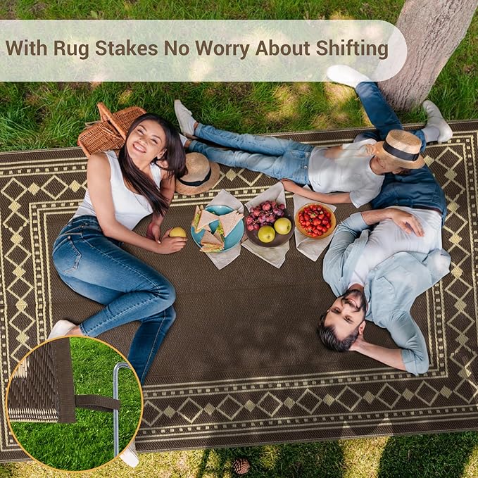 9x18 Large Outdoor Rug,Modern Bordered Plastic Straw Carpet,Waterproof Lightweight Outdoor Carpet,Easy Cleaning Folding Uv Resistant Picnic Camping Mat,Brown/Coffee