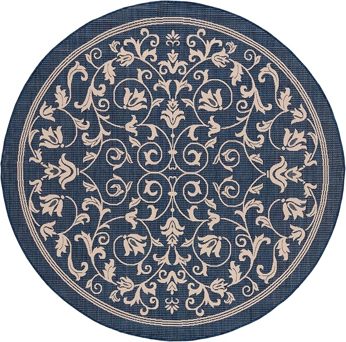 SAFAVIEH Washable Rug Outdoor Courtyard Collection - 6'7" Round, Navy & Beige, Non-Shedding & Easy Cleaning, Ideal for Patio, Backyard, Mudroom (CY2098-268)
