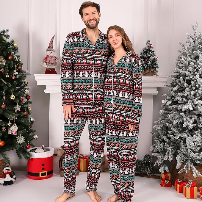 ANGELGGH Family Christmas PJs Matching Sets 2 Pcs Festival Party Pajamas Holiday Warm Sleepwear Couples Button Loungewear