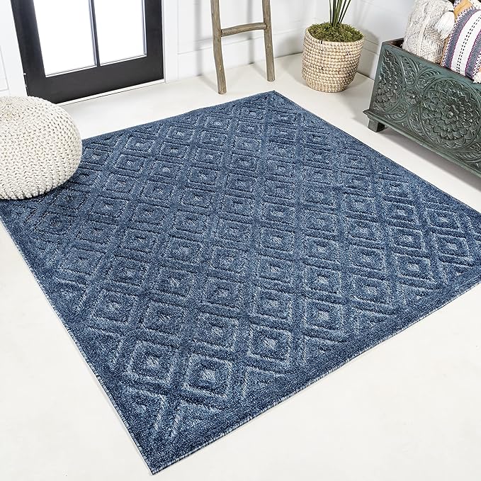 JONATHAN Y Diamond Trellis Indoor Outdoor Square Area Rug 5X5 Navy, Portmany Neutral for Backyard, Patio, Porch, Easy-Cleaning, High Traffic, Pet-Friendly, Non-Shedding (IBZ104B-5SQ)