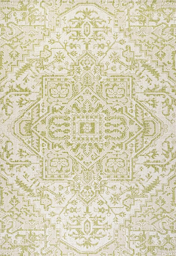 JONATHAN Y Boho Medallion Indoor Outdoor Area Rug 4X6 Cream/Green, Estrella Textured Weave for Backyard, Patio, Porch, Easy-Cleaning, High Traffic, Pet-Friendly, Non-Shedding (SMB105E-4)