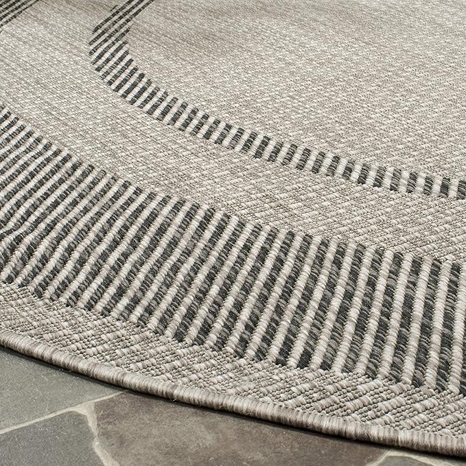 SAFAVIEH Washable Rug Outdoor Courtyard Collection - 5'3" Round, Beige & Black, Non-Shedding & Easy Cleaning, Ideal for Patio, Backyard, Mudroom (CY8477-36612)