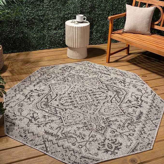 JONATHAN Y Boho Medallion Indoor Outdoor Octagon Area Rug 8 Ft Black/Gray, Estrella Textured Weave for Backyard, Patio, Porch, Easy-Cleaning, High Traffic, Pet-Friendly, Non-Shedding (SMB105D-8TGN)
