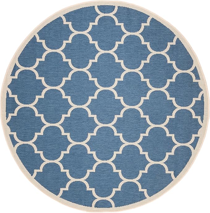SAFAVIEH Washable Rug Outdoor Courtyard Collection - 5'3" Round, Blue & Beige, Non-Shedding & Easy Cleaning, Ideal for Patio, Backyard, Mudroom (CY6914-243)