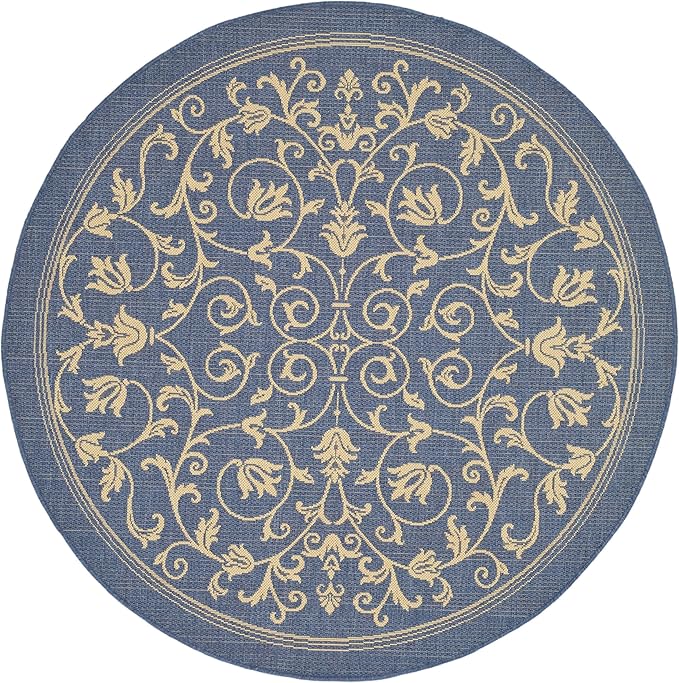 SAFAVIEH Washable Rug Outdoor Courtyard Collection - 5'3" Round, Blue & Natural, Non-Shedding & Easy Cleaning, Ideal for Patio, Backyard, Mudroom (CY2098-3103)