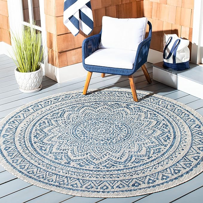 SAFAVIEH Washable Rug Outdoor Courtyard Collection - 9' Round, Light Grey & Blue, Non-Shedding & Easy Cleaning, Ideal for Patio, Backyard, Mudroom (CY8734-36812)